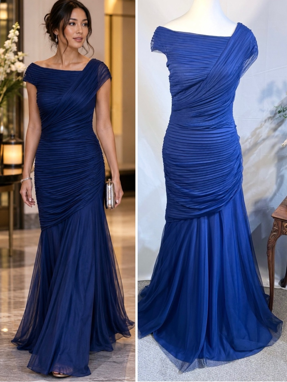 ☀️Tadashi Shoji Cobalt Blue Ruched Arymetric
Draped Chiffon Evening Gown Sz 4🧡